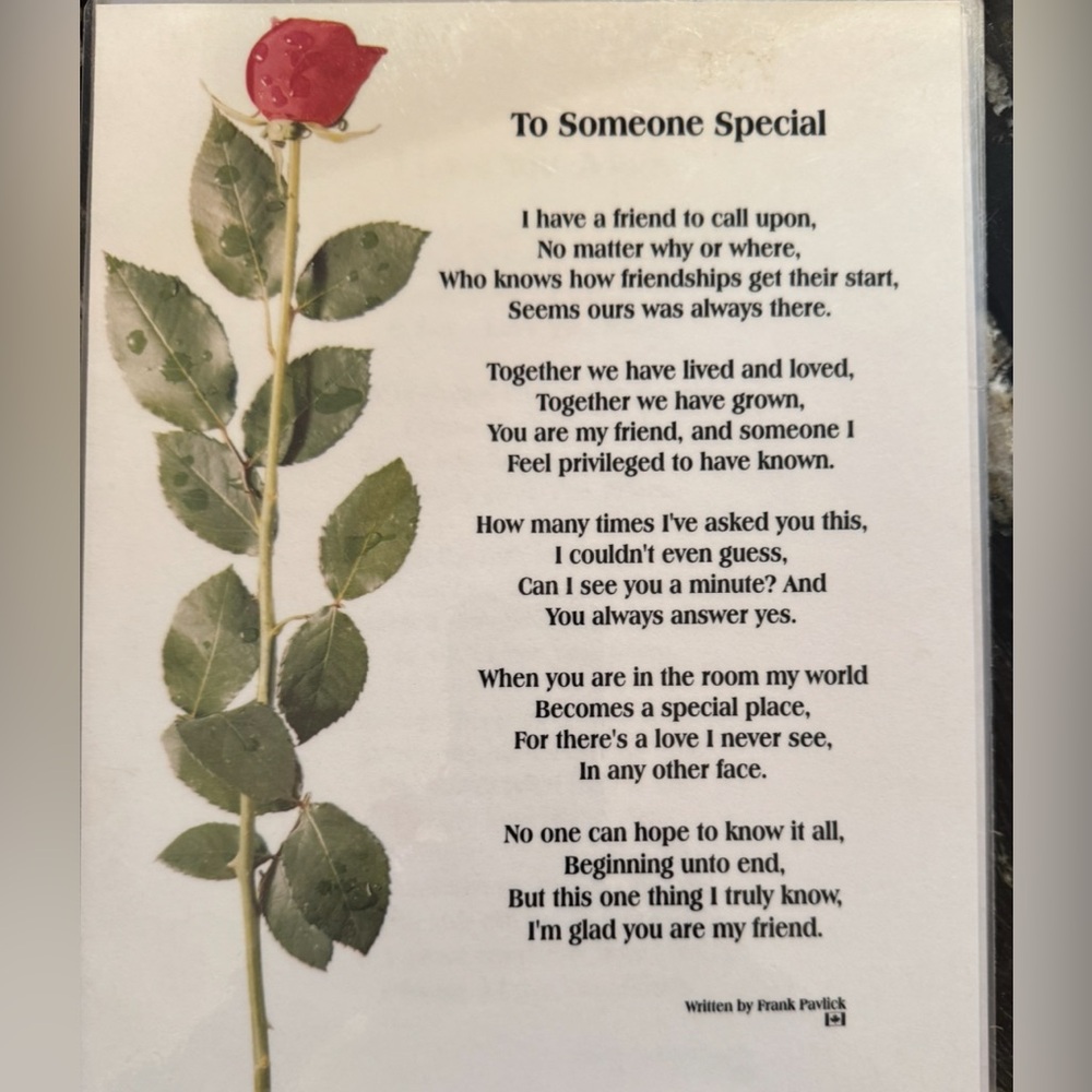To Someone Special poem by Frank Pavlick. Laminated print